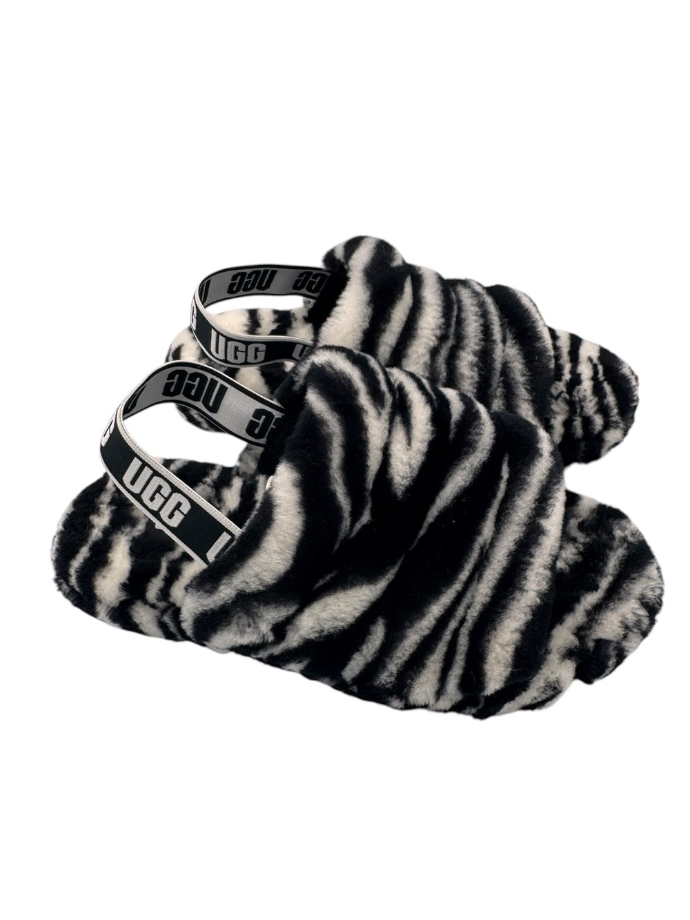 UGG Fluff Yeah Slide Zebra Black White Big Kids Sheepskin Sling Back Slipper 4